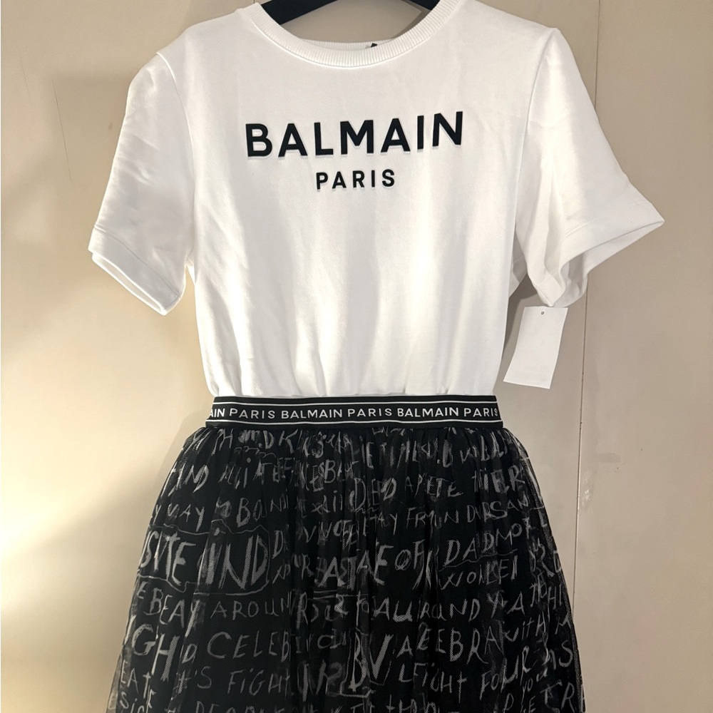 Balmain Paris Logo print tulle t shirt dress
